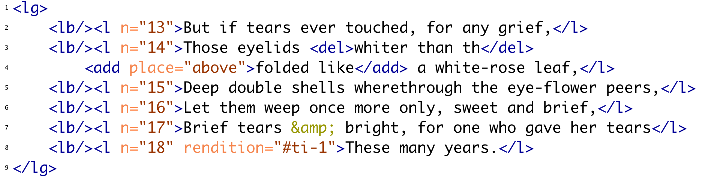 Code example, lines from Swinburnes “A Rondel”